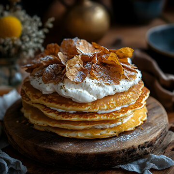 Delicious kosovar flia stack adorned with cream and crispy toppings on wooden board, capturing rustic culinary artistry and inviting indulgence
