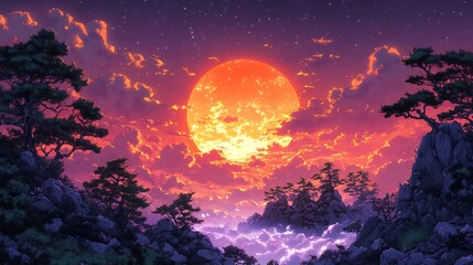 Crimson Moon Rises over Dramatic Landscape Vibrant sunset hues illuminate tranquil scene. AI Generated