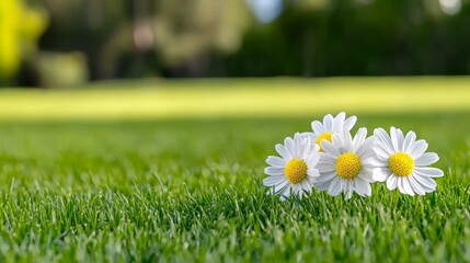 Daisy flowers close-up on lush green grass in sunlit garden