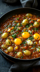 Delicious Portuguese bacalhau a bras served in a skillet close up view