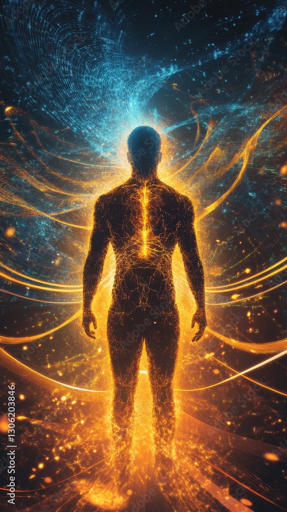 Poster Glowing figure surrounded by swirling energy in a mystical environment at twilight