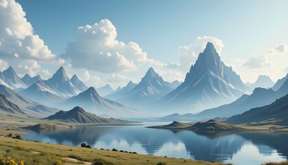 Naklejka premium Stunning 3D Fantasy Landscape with Majestic Mountains Reflecting in a Tranquil Water Panorama