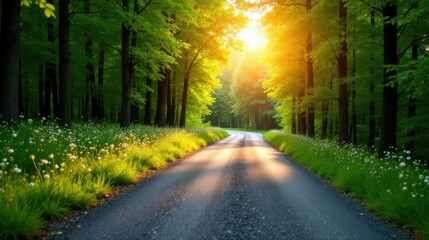 Naklejka premium Sunlit Pathway Through Verdant Woodland, a Serene Country Road Lined with Blossoming Flora and Towering Trees at Golden Hour