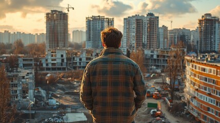 Naklejka premium A man is gazing over a city under construction