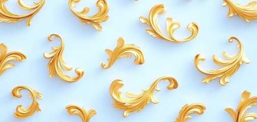 Fototapeta premium A decorative pattern featuring intricate golden swirls on a light blue background, showcasing elegance and artistry.