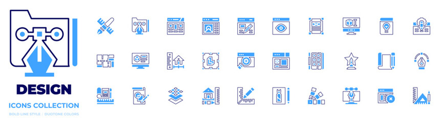 Design icon collection. Bold line style. Duotone colors. paint, logo, house design, plan, layers , workspace, web design , 3d design , design book, design