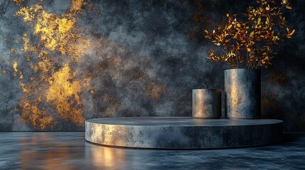 Moody metallic platform subtly illuminated warm golden light. AI Generated