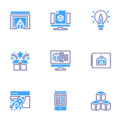 Design icon set. Bold line style. Duotone colors. Editable stroke. cubes, house plan, 3d design, design thinking, web design , design , d design, app design