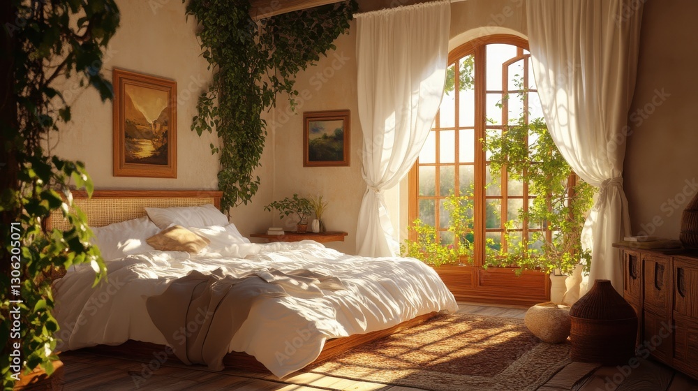 Poster Sunlit bedroom with soft white linens and warm greenery creating a cozy atmosphere in a serene environment