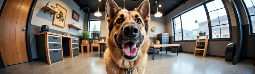 Fototapeta premium Canine's Happy Gaze in Home: A German Shepherd with a joyful, open-mouthed expression stands within a stylish, well-lit modern home or office.