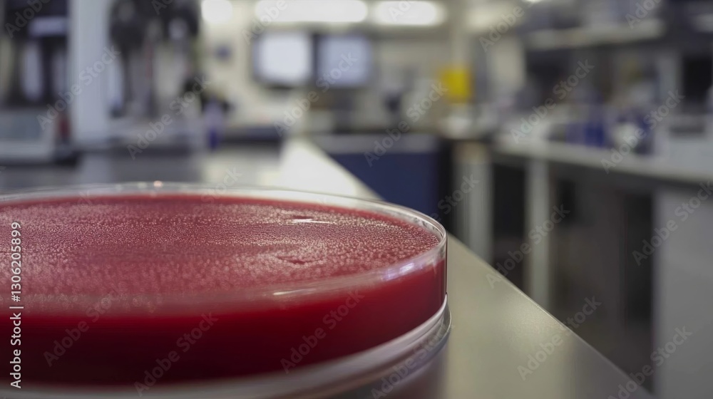 Aufkleber Detailed macro view captures bacteria and virus cells in a petri dish, highlighting unique cell structures with laboratory equipment softly blurred in the background