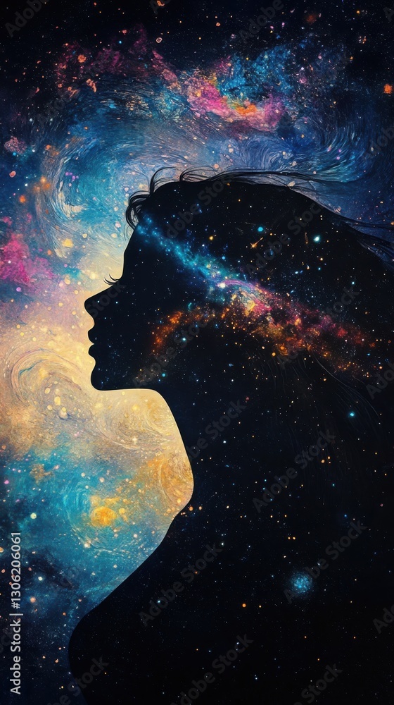 Poster portrait of a woman illuminated by cosmic colors in a serene and imaginative setting