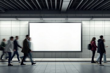 Fototapeta premium Blank Billboard Advertisement in Modern Subway Station with Blurred Pedestrians Passing By