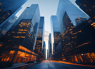 Fototapeta premium Dramatic Perspective of Modern Skyscrapers with Light Streaks at Dusk