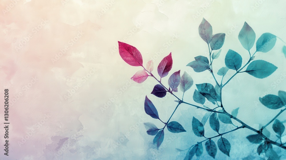 Poster artistic display of branches with leaves in soft gradients of color highlighting nature's beauty