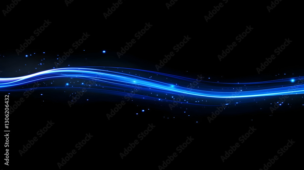 Poster dynamic abstract blue light streaks with sparkling particles on black background
