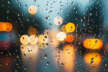Fototapeta premium Rain drops on window glass. The view through the glass window covered with water droplets captures a blurred street background.