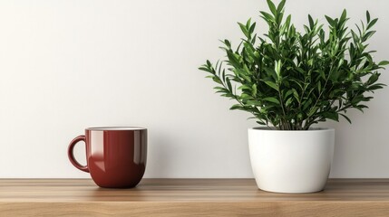 Fototapeta premium Potted green plants beside a coffee mug on a table in a bright indoor setting