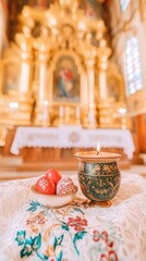 Fototapeta premium Traditional decoration of an Orthodox church with an Easter egg and a candle.