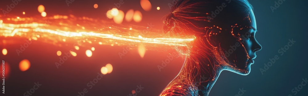 Poster surreal representation of a glowing woman with vivid energy flowing from her head in an ethereal set