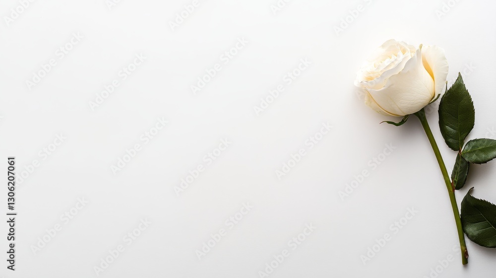 Aufkleber Single white rose with delicate petals rests on a pristine white surface, gently casting soft shadows, leaving ample copy space on the left side for design applications