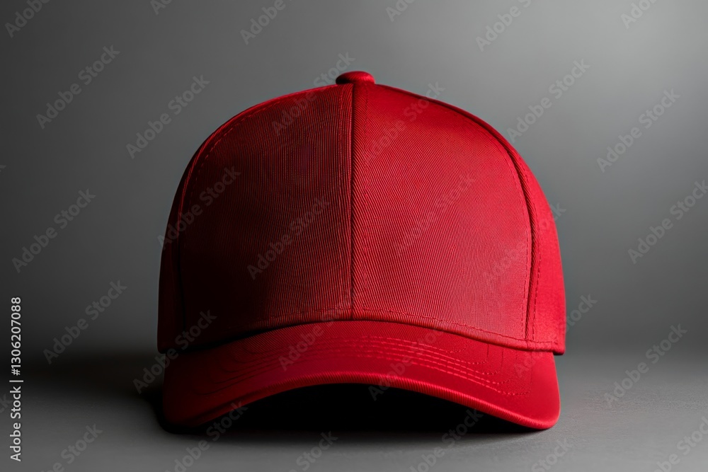 Poster this plain red baseball cap is displayed from a side view against a clean gray background to emphasi