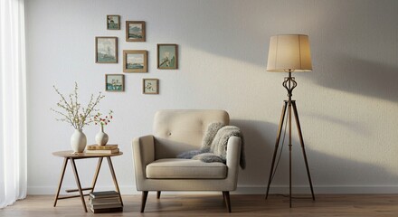 The minimalist room, with its green armchair, plain white wall, side table, lamp, potted plant, and light wooden floor, highlights interior design elements