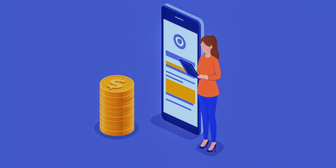 A woman interacts with a mobile phone displaying a financial app, alongside a stack of coins, symbolizing digital finance and investment.