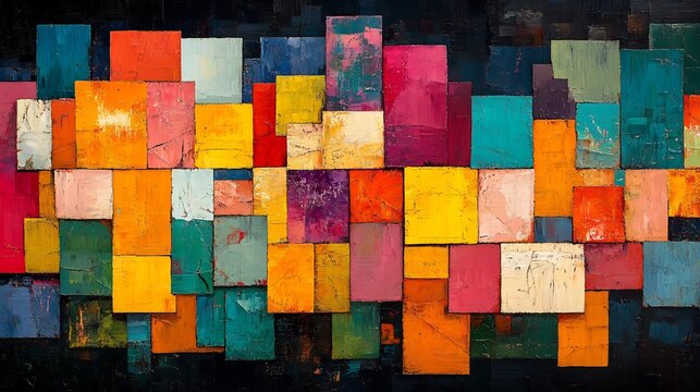 Vibrant colorful squares artfully arranged create joyful abstract painting. AI Generated