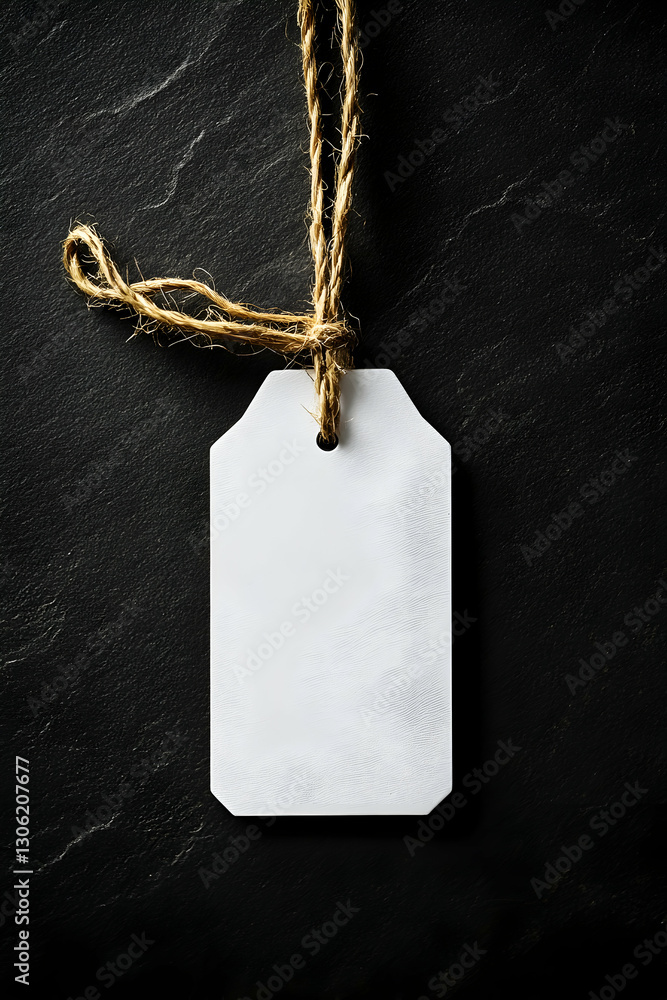 Poster elegant blank white tag with jute string on dark textured surface