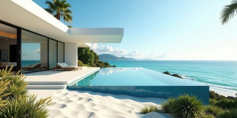 Fototapeta premium Oceanfront Infinity Pool Villa with Modern Architecture and Lush Landscaping