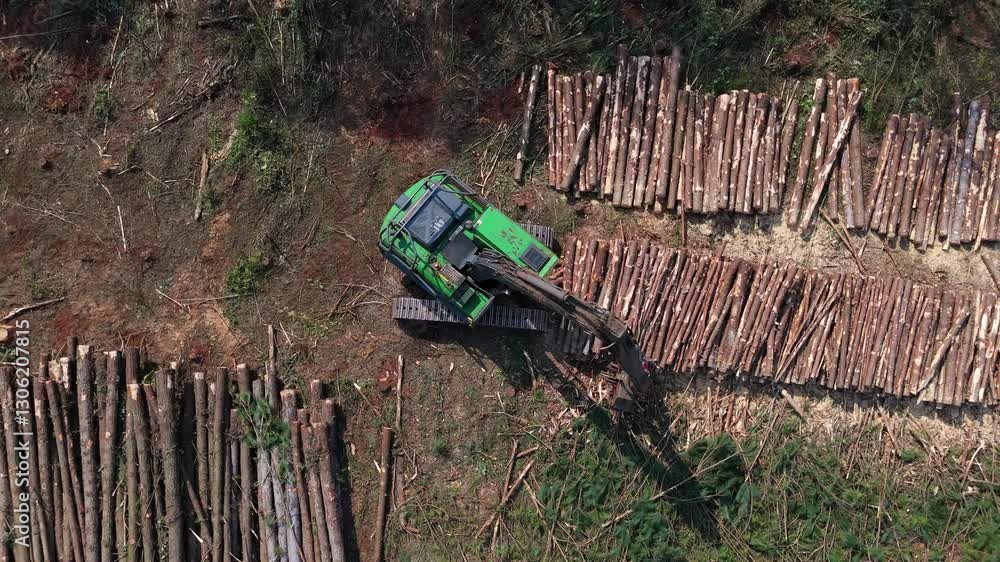 Poster forestry green machine arranging cut tree trunks in a deforested area, showcasing the process of tim