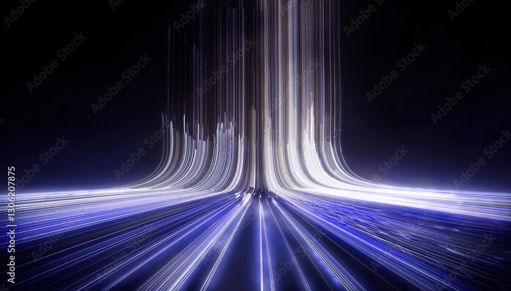 Poster futuristic glowing data stream in a dark digital void, abstract neon light trails forming a vertical