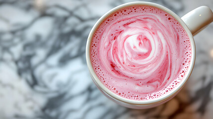 Elegant Close-Up of Rose Flavored Milk with Swirling Design on Marble Surface
