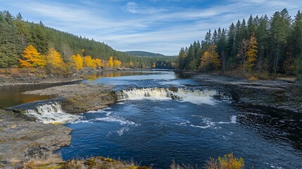 Autumn River Landscape with Colorful Trees and Rocky Riverbed