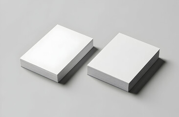 Elegant close-up of two stacks of pristine white business cards arranged side by side against a minimalist backdrop