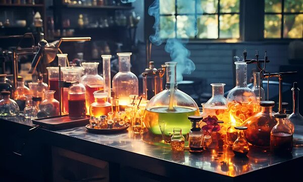 Alchemist's lab potion brewing, glassware, workshop, smoke