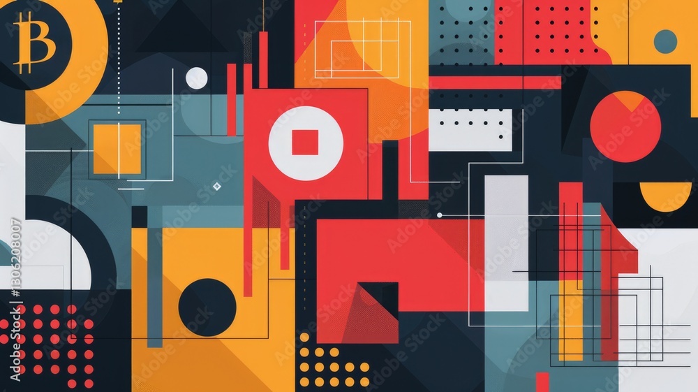 Poster this abstract geometric artwork features bold colors and shapes, creating a dynamic composition. ide