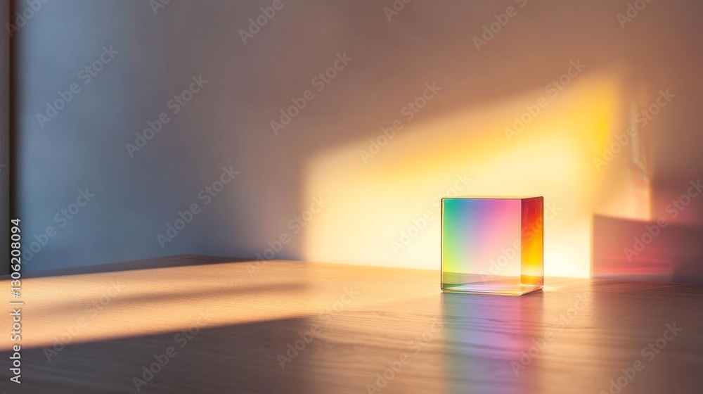 Poster low-angle close-up showcases sunlight filtering through a glass prism, casting colorful reflections 