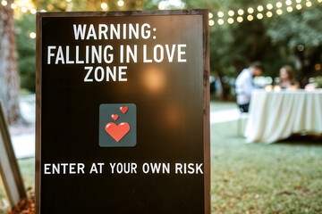 A playful sign warns of a "Falling in Love Zone," inviting guests to enter at their own risk, set in an outdoor venue with string lights in the background.