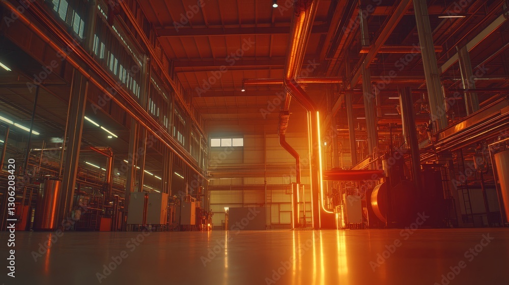 Poster a singular industrial pipeline gracefully curves through a factory under captivating lighting, showc
