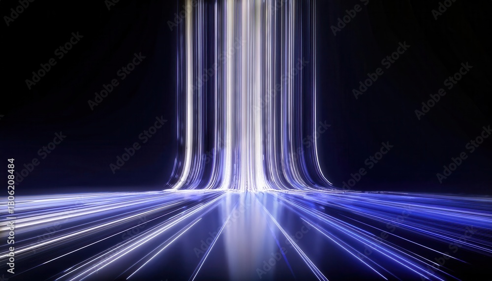 Poster futuristic glowing data stream in a dark digital void, abstract neon light trails forming a vertical