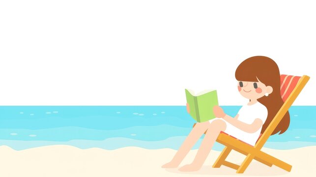 a Girl Reading on a Beach Chair by the Sea, Relaxing Outdoor Scene
