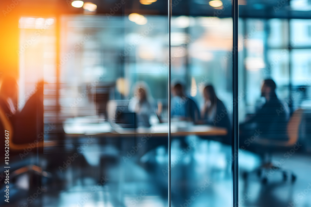 Wall mural abstract blur image of business people walking at modern hallway with bokeh for background usage