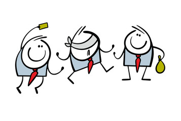 Colleagues are joking about the businessman. Vector illustration of people in the office playing blind man's buff. Blindfolded. Lure you with money. Isolated cartoon man on white background.
