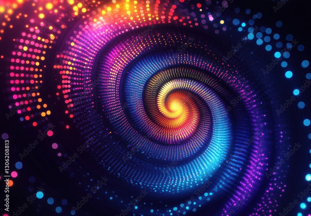 Poster colorful swirling light pattern with vibrant dots and spirals featuring dynamic colors in a digital 