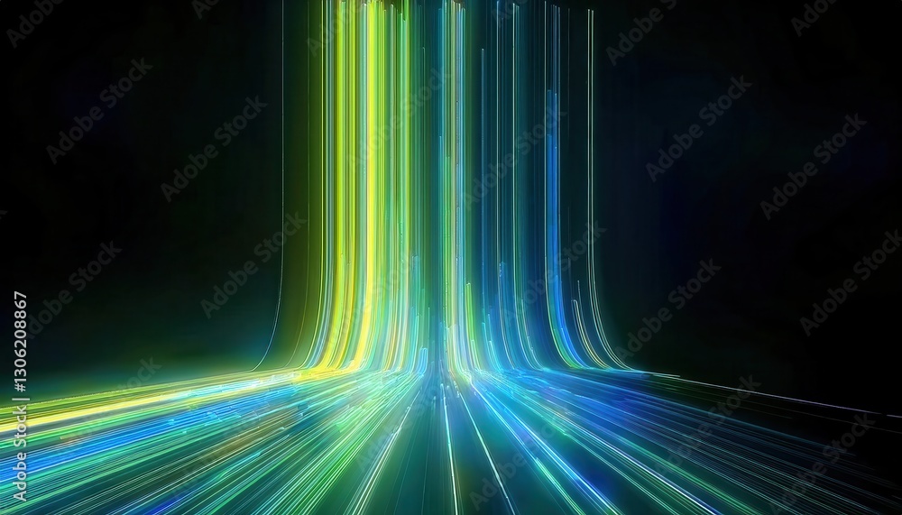 Poster futuristic neon light streaks in digital vortex, glowing data streams forming curved energy paths on
