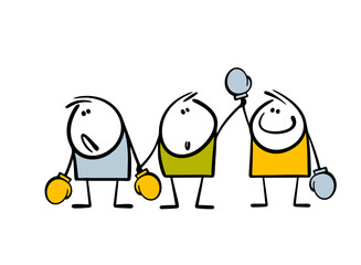 Referee and two boxers in the ring after the fight. Vector illustration stickman announced the winner of the competition. Isolated cartoon man on white background.