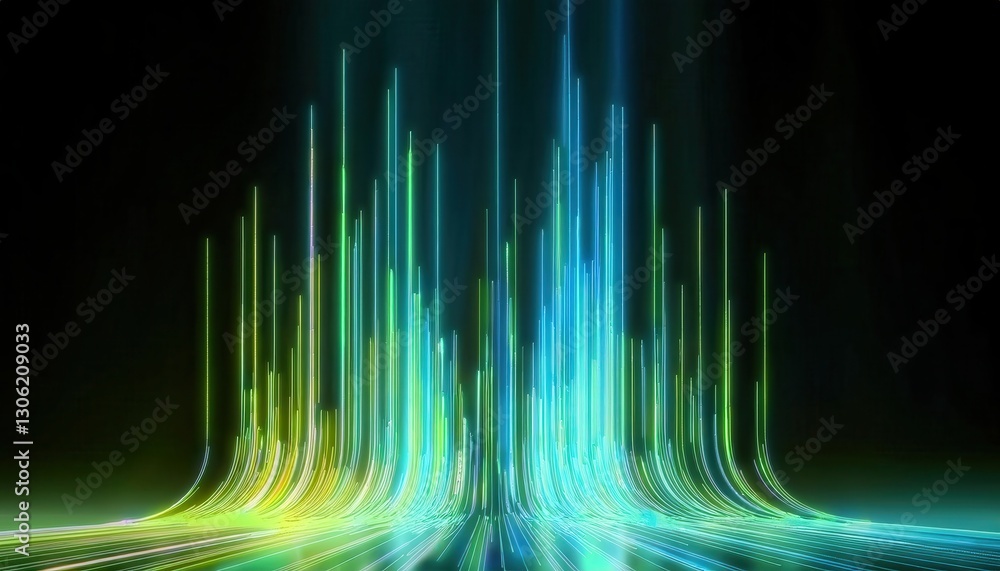 Poster futuristic neon light streaks in digital vortex, glowing data streams forming curved energy paths on