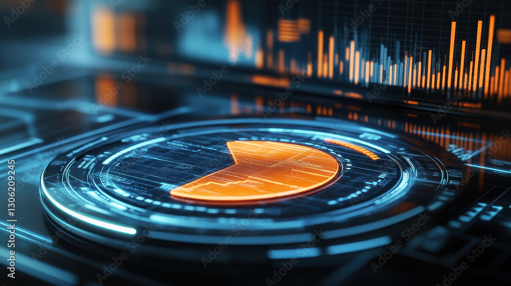 Poster abstract digital financial chart and pie graph on a futuristic background with a blue glow